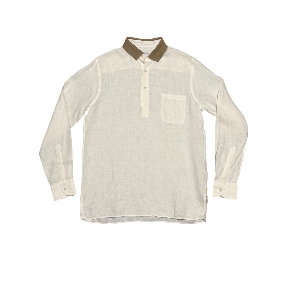 Loro Piana Mens White Linen Long Sleeve Shirt Olive Collar Italy Size M